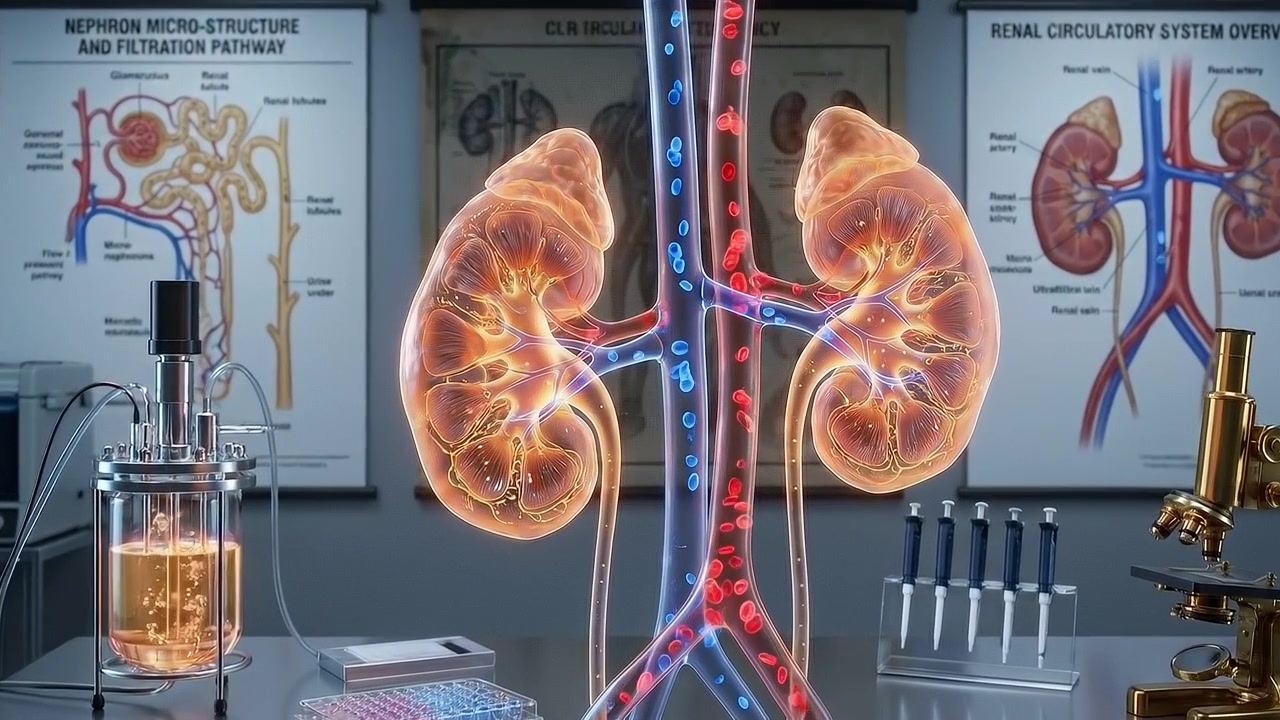 医療ディスプレイに表示された腎臓の解剖学的視覚化と泌尿器系のイラスト