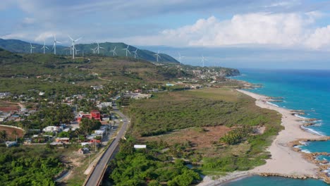 Avance-Aéreo-De-Aerogeneradores-Barahona-Frente-A-La-Costa-Del-Océano,-República-Dominicana