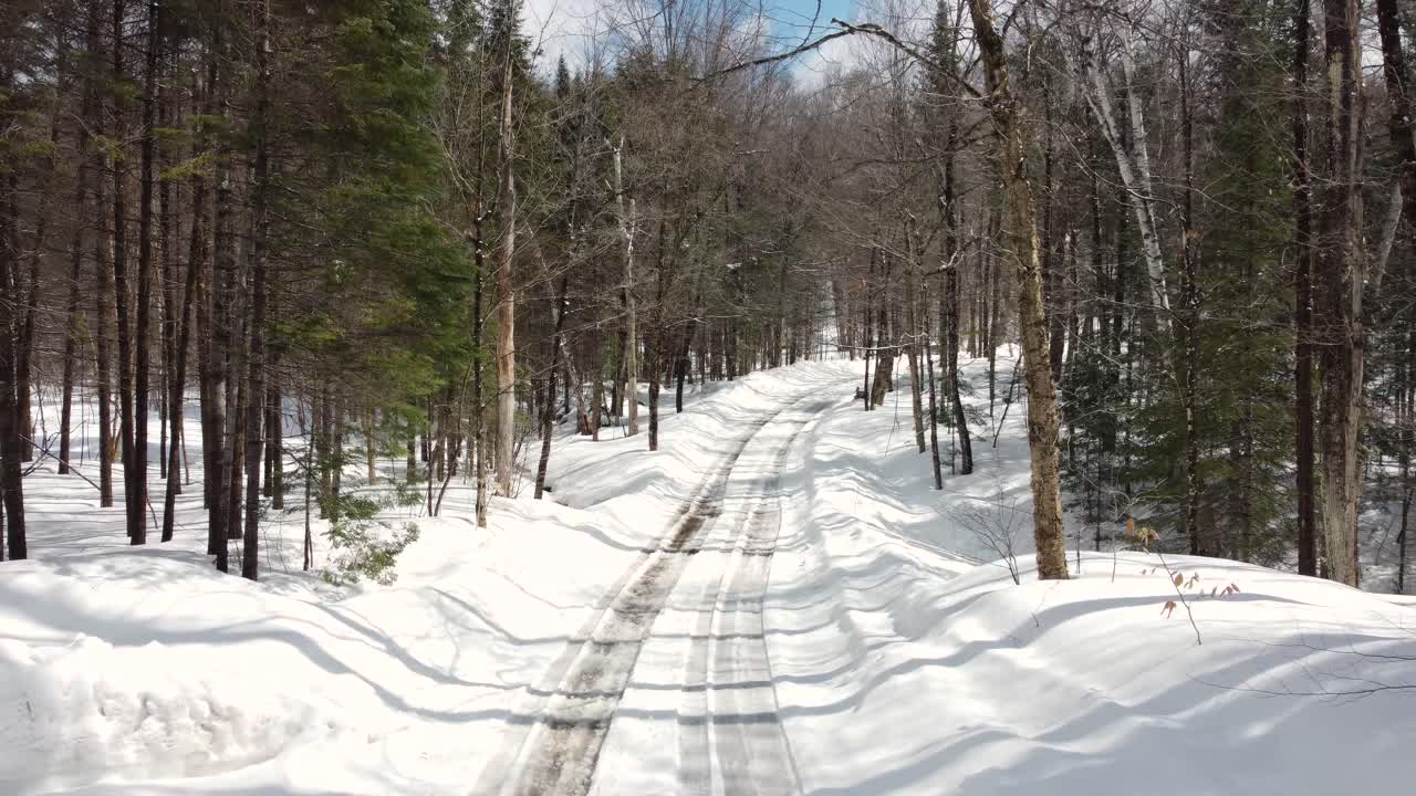 눈이  ⁇ 인  ⁇ 은 뒷길은 신선한 타이어 트랙으로 벌거벗은 나무 숲을 가로질러 달린다