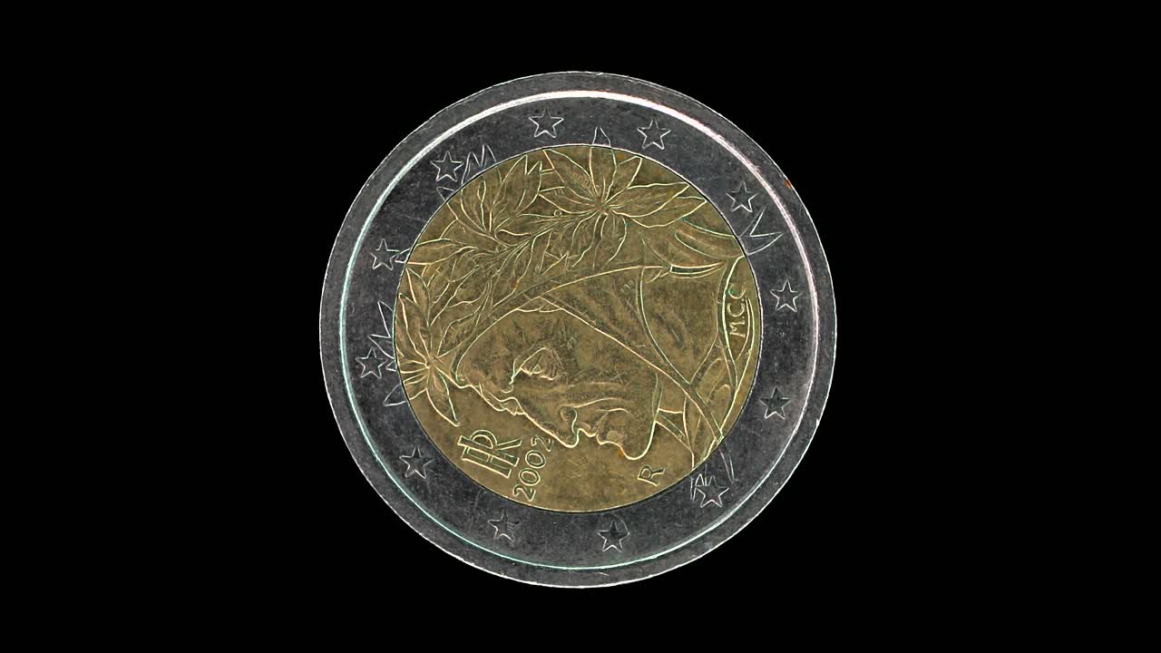 Italy 2002 2 euro obverse with Dante Alighieri portrait rotating on black background