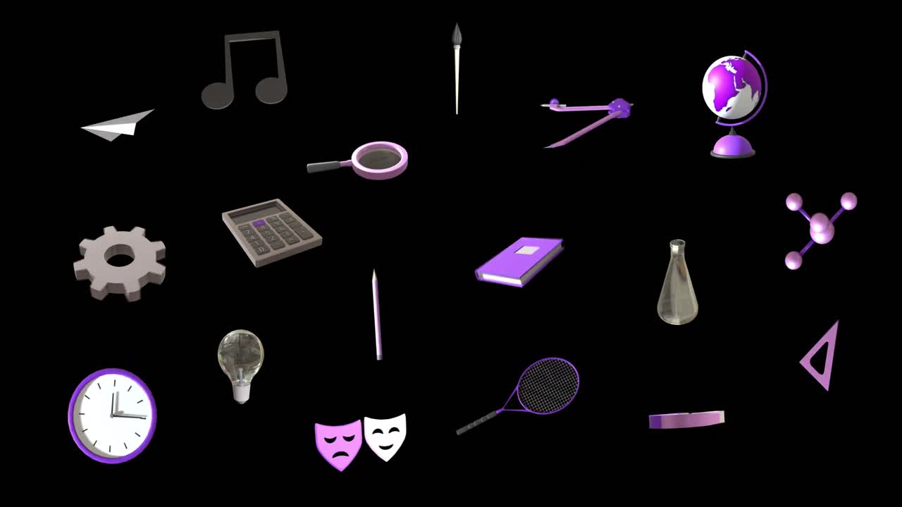 animación de iconos educativos con espacio de copia sobre fondo negro