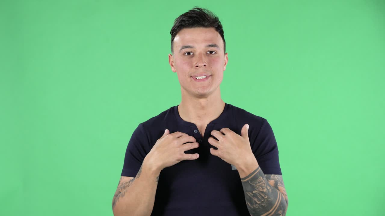 """아름다운 젊은 남자의 초상화, 똑바로 쳐다보고, 내가 누구인지 말하고있다, 아니, 그것은 내가 아니다"" - 그린 스크린"