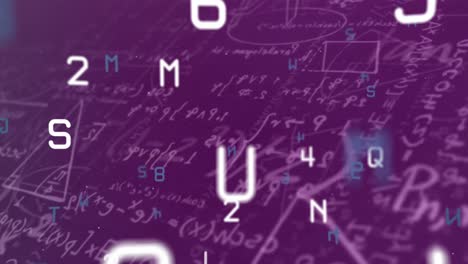 múltiples números y alfabetos cambiantes contra ecuaciones matemáticas en fondo púrpura