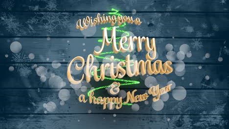 light trails spinning over merry christmas and happy new year against blue wooden background