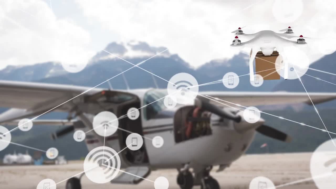 animación de la red de conexiones con iconos sobre el drone de entrega con paquete