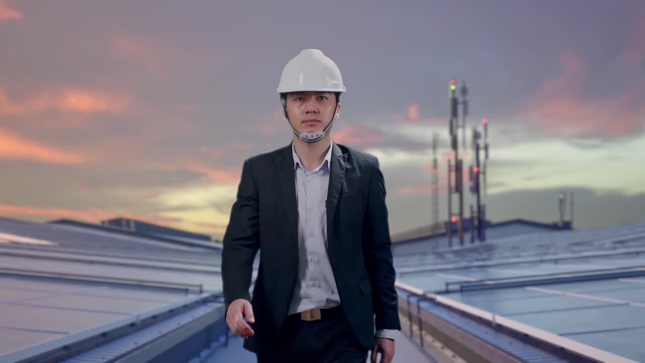 Vista frontal de empresário asiático caminhando em telhado industrial com painéis solares