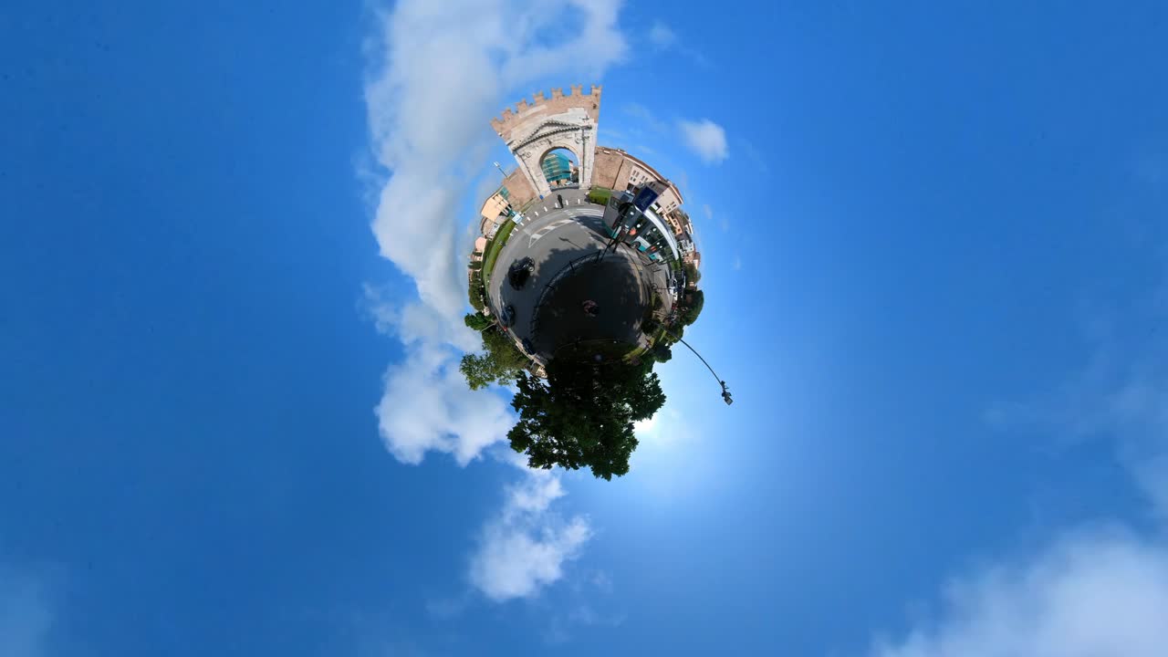 Tiny Planet View of a Historic Town Square