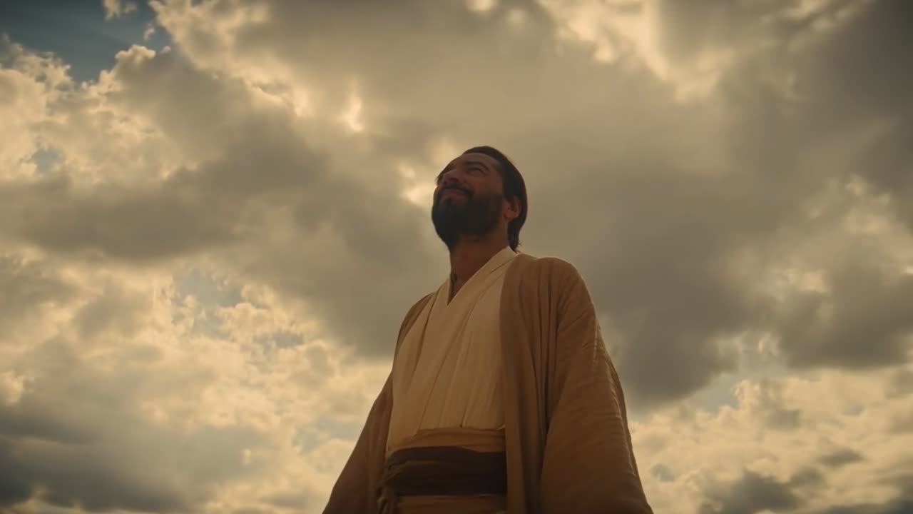 ローブを着た男性が曇り空を背景に立つ、映画のような雰囲気の劇的なローアングルビデオショット