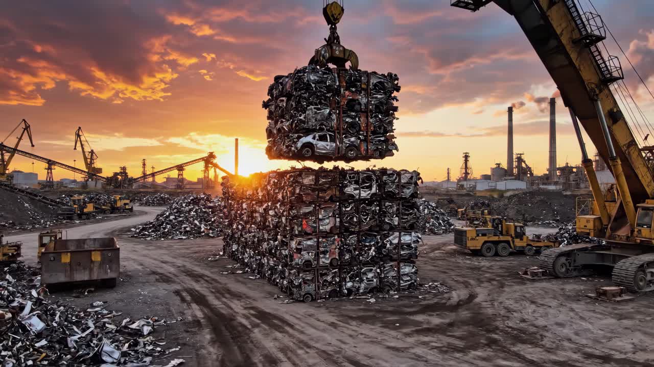 Scrapyard at Sunset with Piles of Recycled Cars
