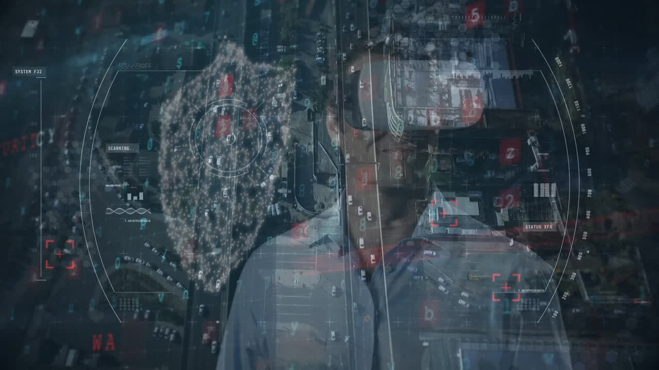 animación del procesamiento de datos financieros sobre un hombre de negocios que usa auriculares vr