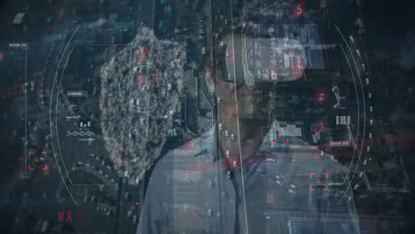 animación del procesamiento de datos financieros sobre un hombre de negocios que usa auriculares vr