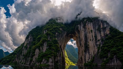 Aerial video captures dramatic clouds over a lush, mountainous landscape with a natural arch