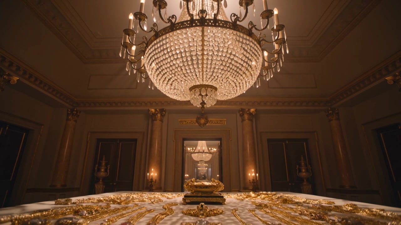 Câmera avançando revelando mesa dourada e pequena caixa dourada sob lustre em palácio