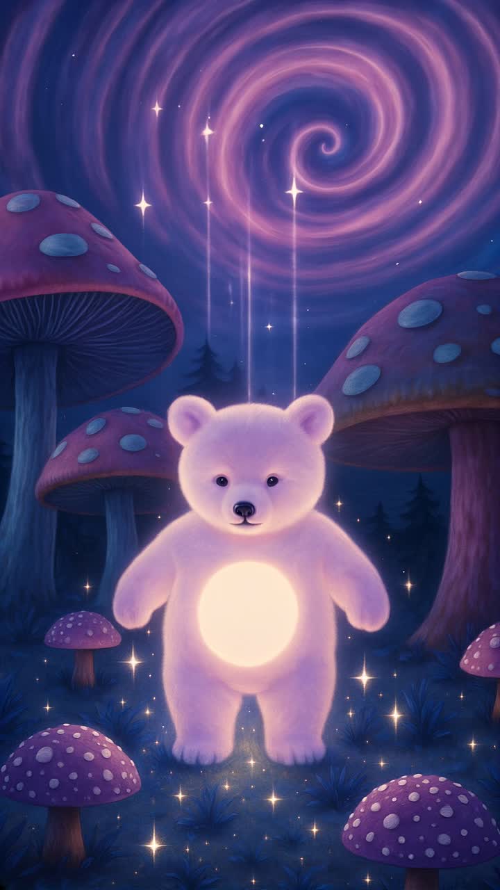 A glowing bear stands in a magical forest with giant mushrooms and a ...