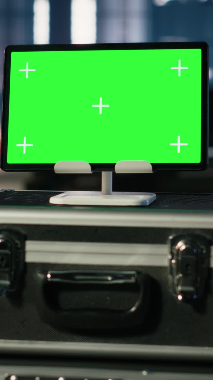 Vertical Video Isolated mockup tablet in empty industrial plant with machinery