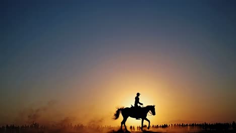 silhouette of horseback rider at sunset with a crowd