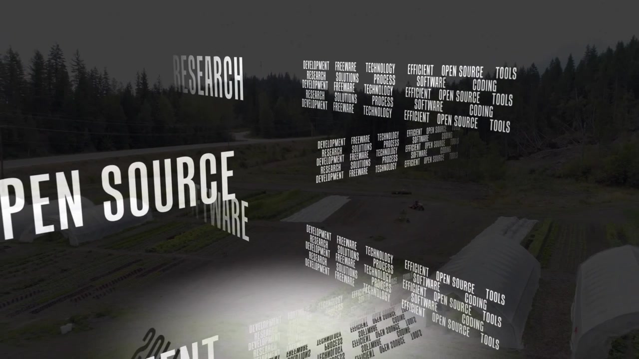 Drone flying over greenhouses, 3D words rotating and casting light, promoting open source agritech