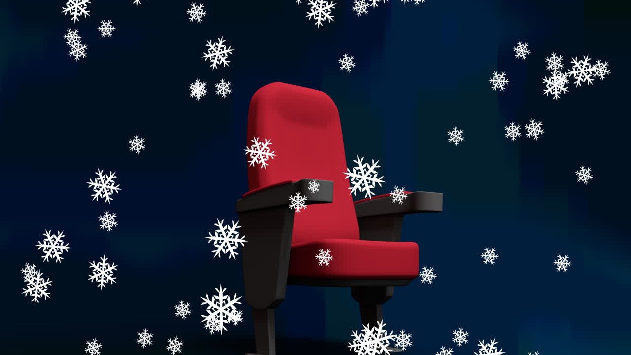 анимация снега, падающего над одиночным красным кинотеатром