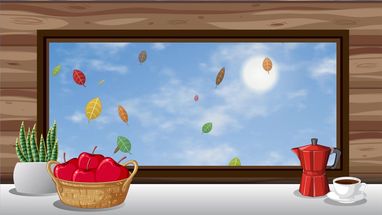 Animated autumn scene featuring falling leaves outside a window with apples and coffee inside.