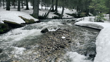 Río-En-La-Nieve-En-Vista-De-Invierno.-Arroyo-De-Primavera-Que-Fluye-En-El-Bosque-Con-Nieve-Derretida.