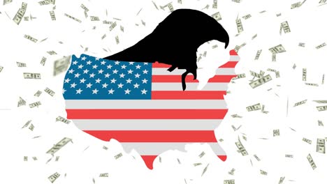 animation of map of united states with american flag with eagle over american dollar banknotes