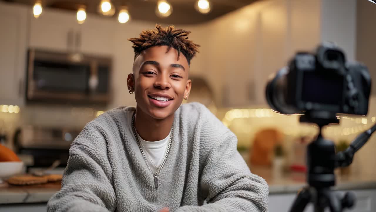A Young Influencer Engaging with their Audience in a Cozy Kitchen Setting, Projecting Energy and Charisma While Filming Content with a Professional Camera under Warm Lighting