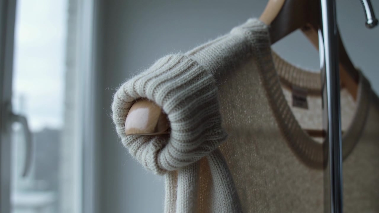 Stringimento della camma, manica in maglia color crema che si assesta sulla gruccia alla finestra rivelando il polsino arrotolato, top sullo sfondo