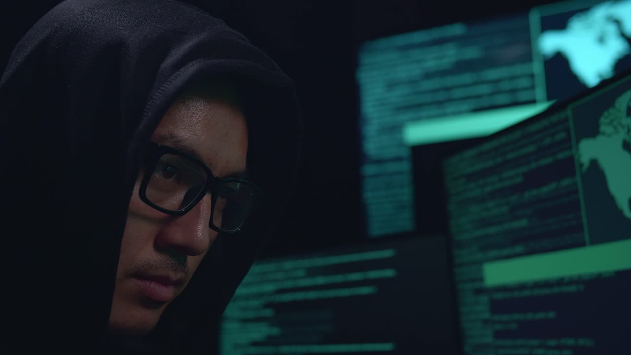 Close Up Hacker Face Hacking With Code On Multiple Computer Screens