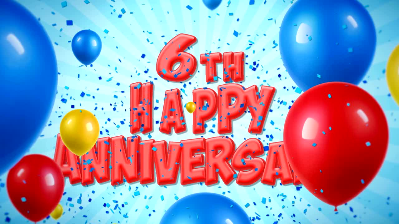 6번째 생일 축하 은 텍스트는 콘페티 팝퍼 폭발, 떨어지는 반이는 입자, 다채로운 날아가는 풍선, 소원, 인사, 파티, 초대, 카드에 대한 원활한 루프 애니메이션에 나타납니다.