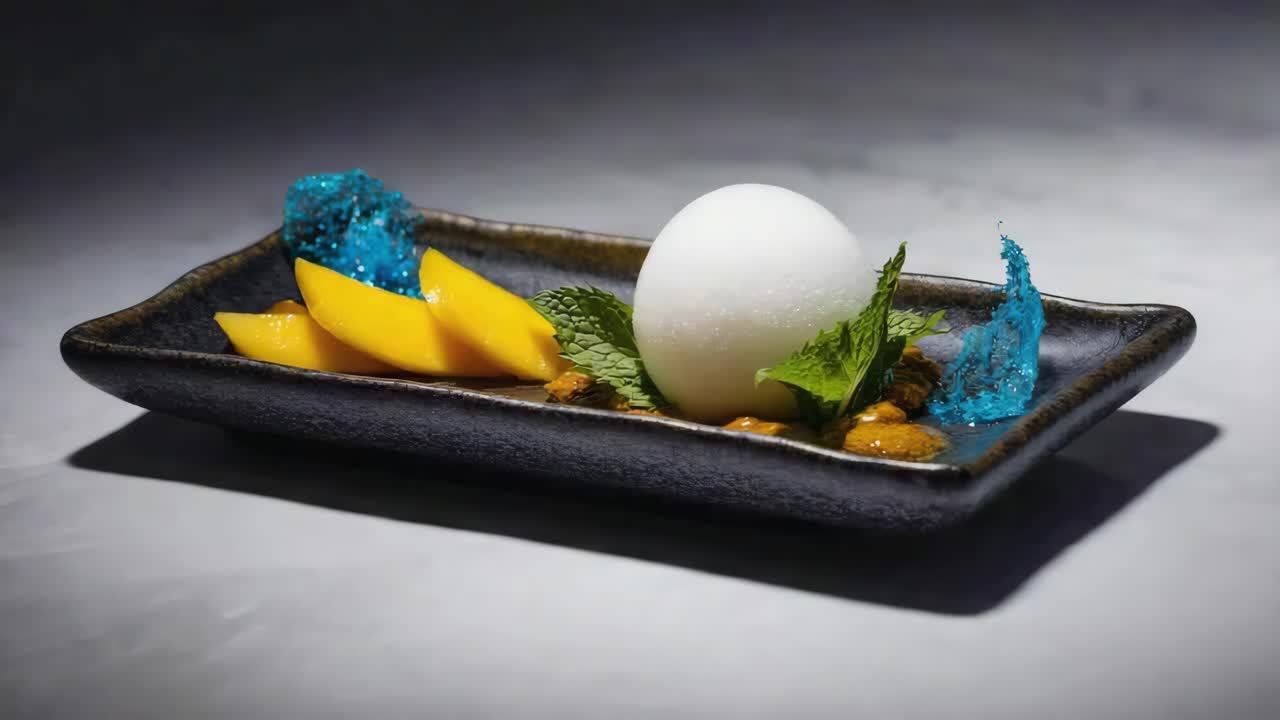 Artistic Dessert with Mango, Sorbet, and Blue Sugar Crystals