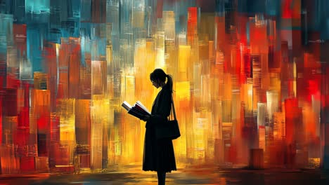 young woman reads a book against a colorful abstract background