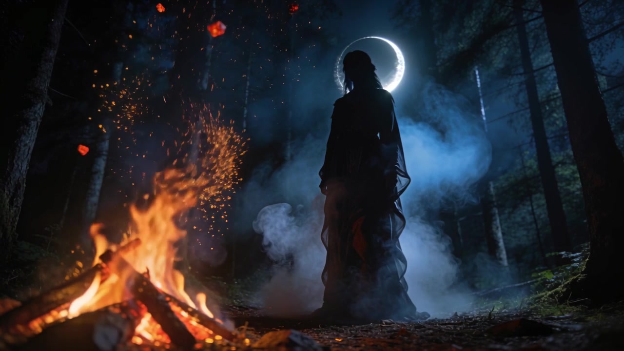Figura in piedi con lunghi capelli e veste scura nella foresta, un falò che emette scintille e fumo, la luna con un alone.