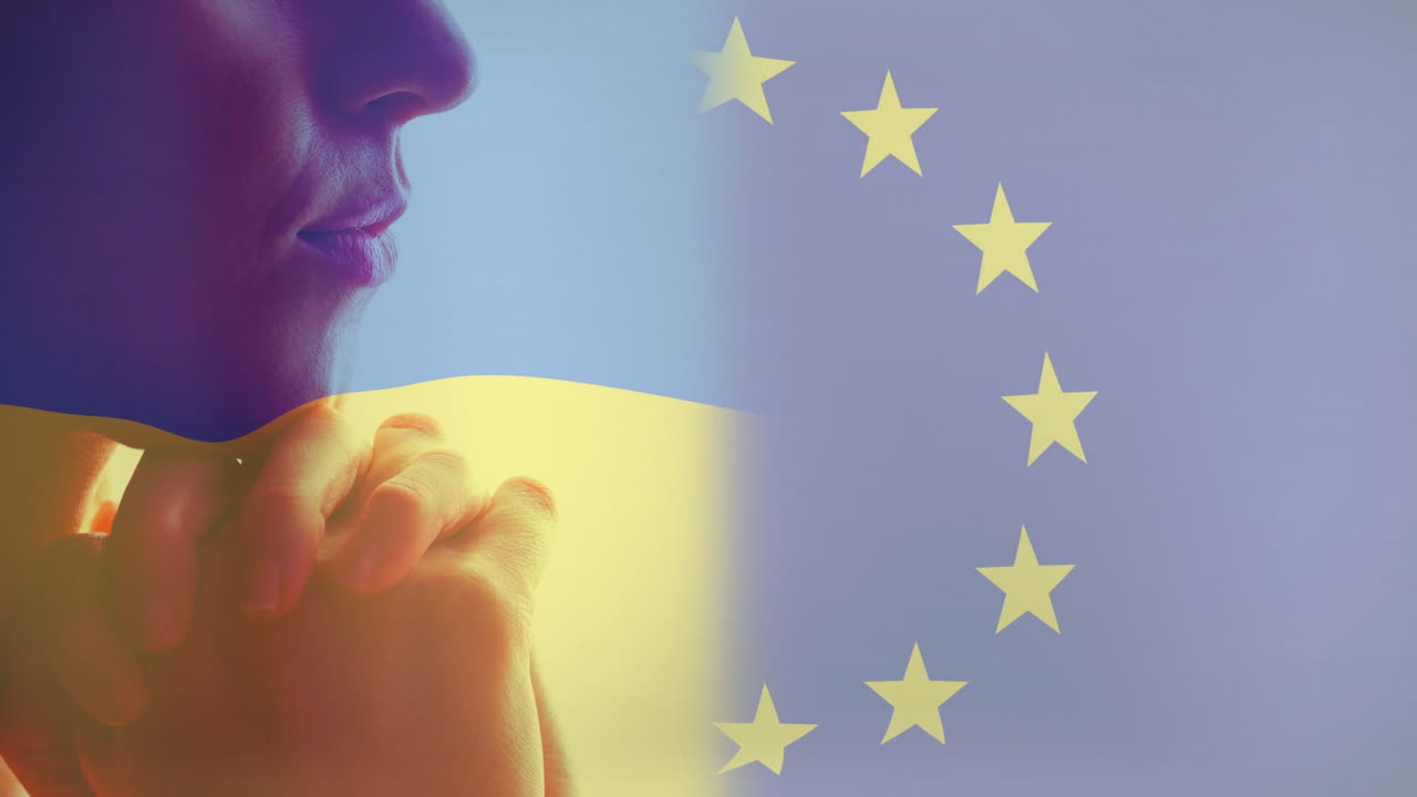 Person in silhouette with Ukraine and EU flags in animation, thoughtful pose