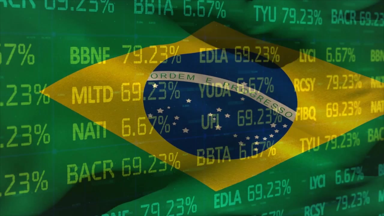 Bandera de Brasil Ondeando Superpuesta con Datos Digitales del Mercado de Valores