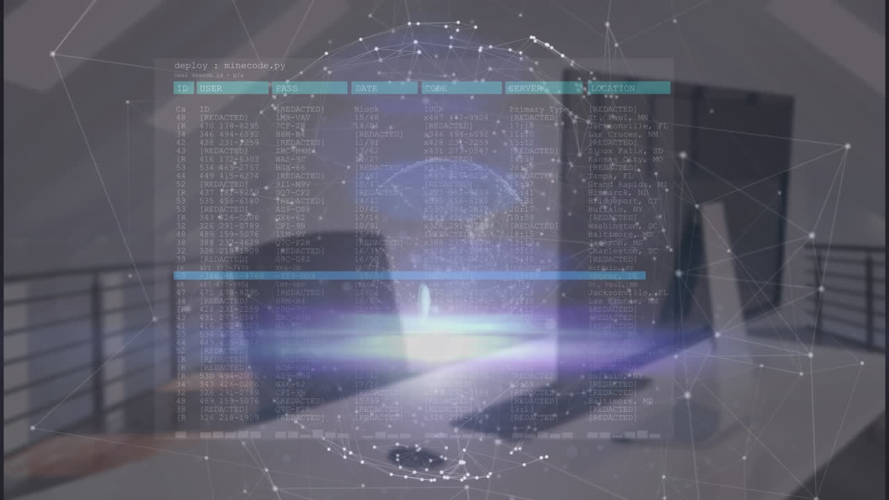 빈 사무실을 통해 연결 및 데이터 처리를 가진 지구상의 애니메이션