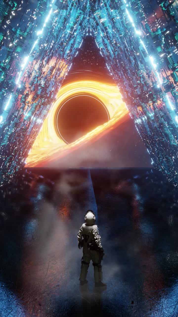 Vertical astronaut admiring black hole from spaceship. 3d animation