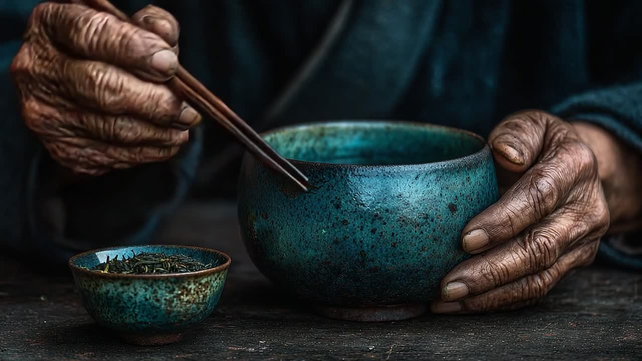 A Serene Moment of Tea Preparation: The Gentle Touch of Weathered Hands Engaging in the Ritual of Using Chopsticks with a Beautiful Bowl