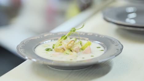 Bowl-of-cream-vegetable-soup-with-pieces-of-meat