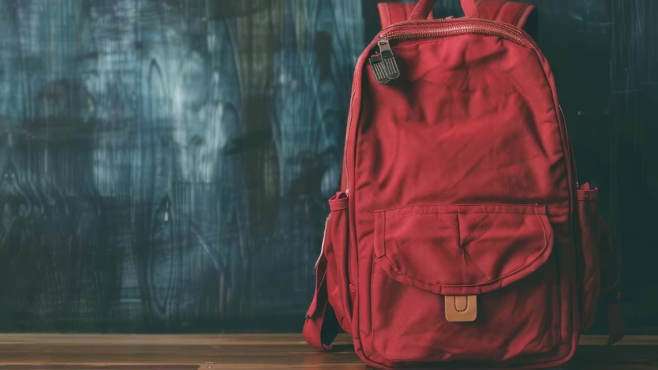 Red backpack resting securely on wooden surface, highlighting urban lifestyle and educational readiness with minimalist design against dark background