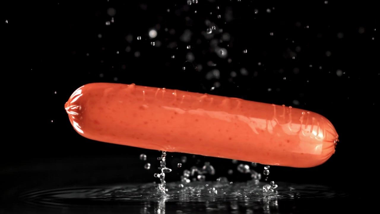 Slow motion di una salsiccia che cade nell'acqua con uno schizzo