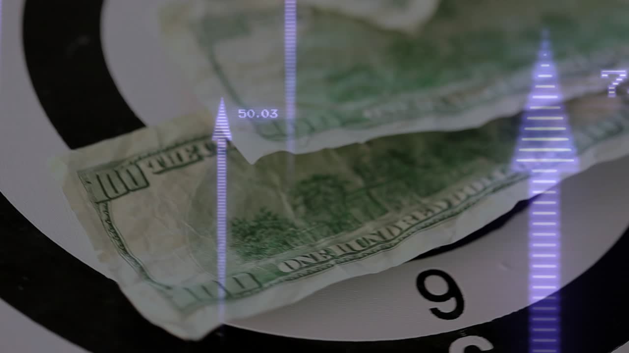 Purple overlay appearing, camera panning, bills resting, arrows growing, showing rising value