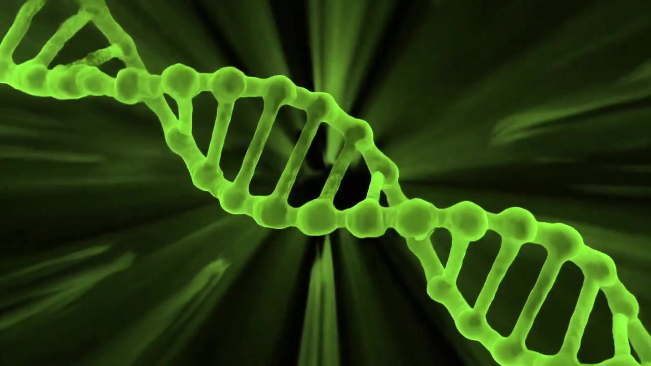 Elica di DNA verde animata in rotazione su sfondo scuro