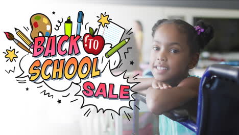 animación de texto de regreso a la escuela sobre una estudiante afroamericana feliz en la escuela