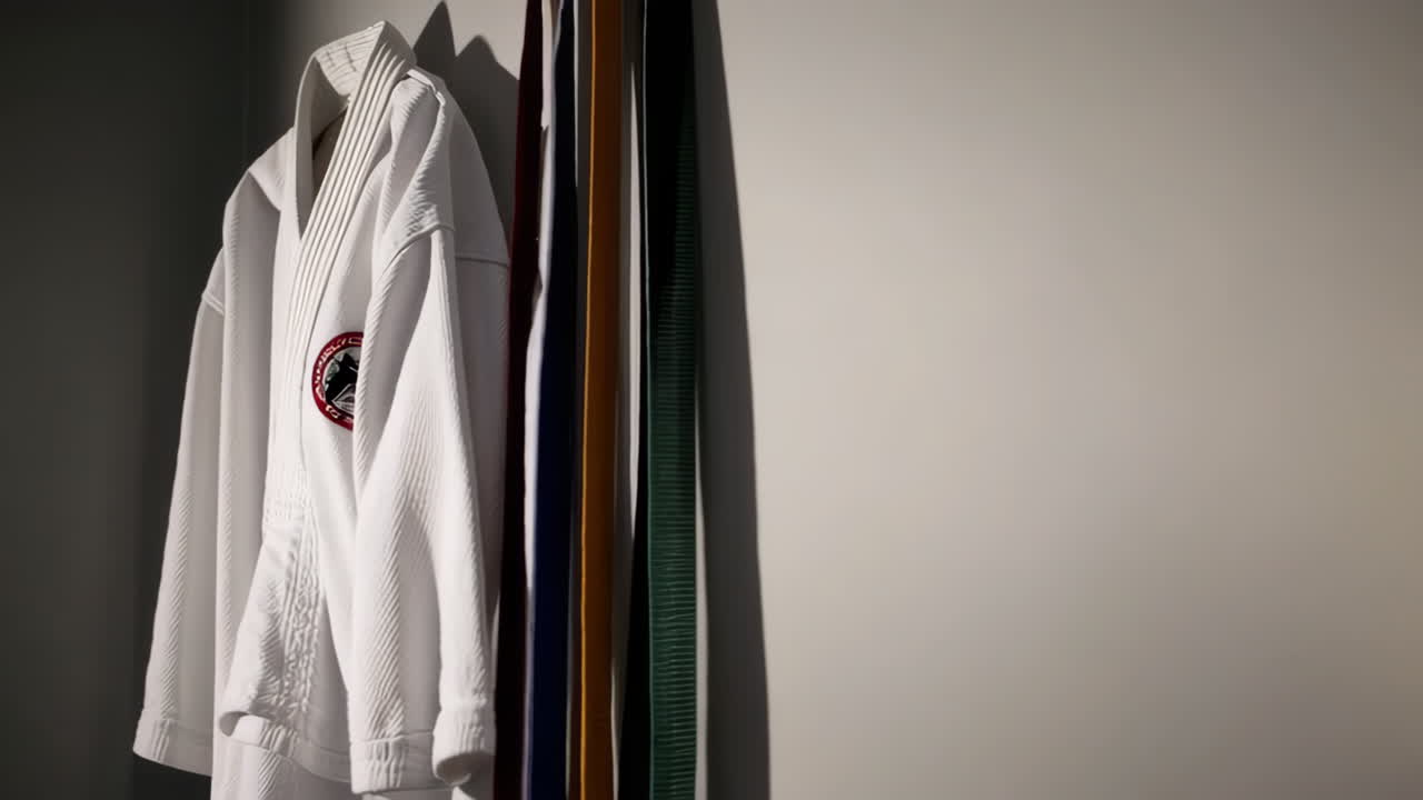 Karate Kimonos on wall in a dojo