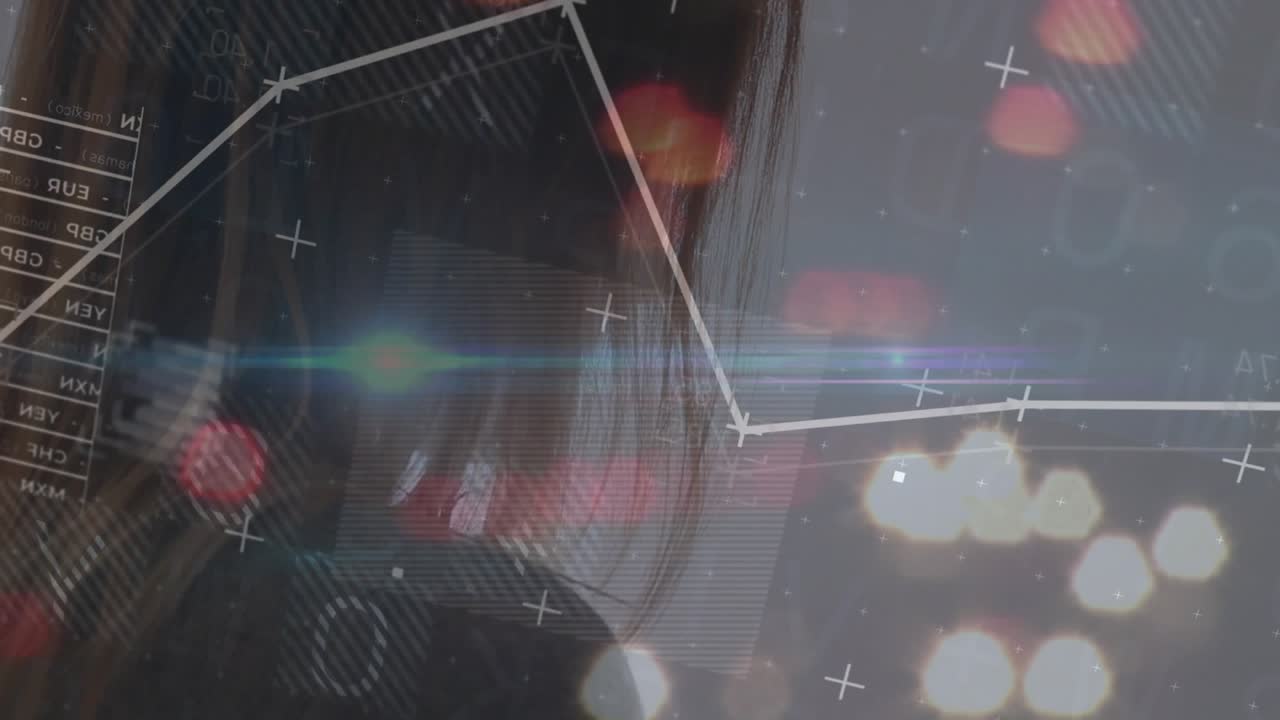 Data analyst woman raising right hand and transforming falling finance line graph into rising node