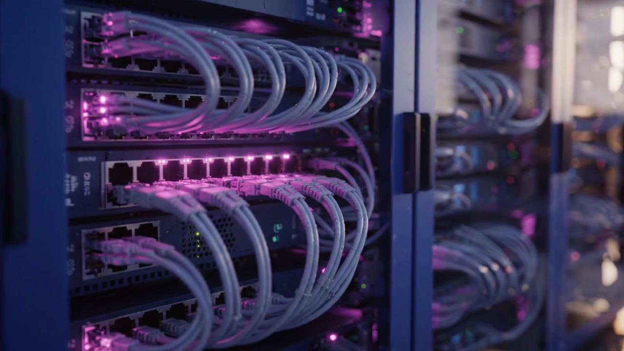 High-Tech Data Center with Network Servers Illuminated by Ambient Lighting in a Modern Facility Showcasing Advanced Technology and Connectivity