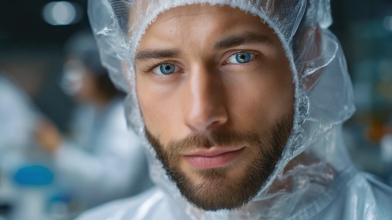 Primo piano di una persona concentrata che indossa una tuta protettiva e una cuffia per capelli, per enfatizzare la precisione e l'attenzione ai dettagli in un ambiente di laboratorio