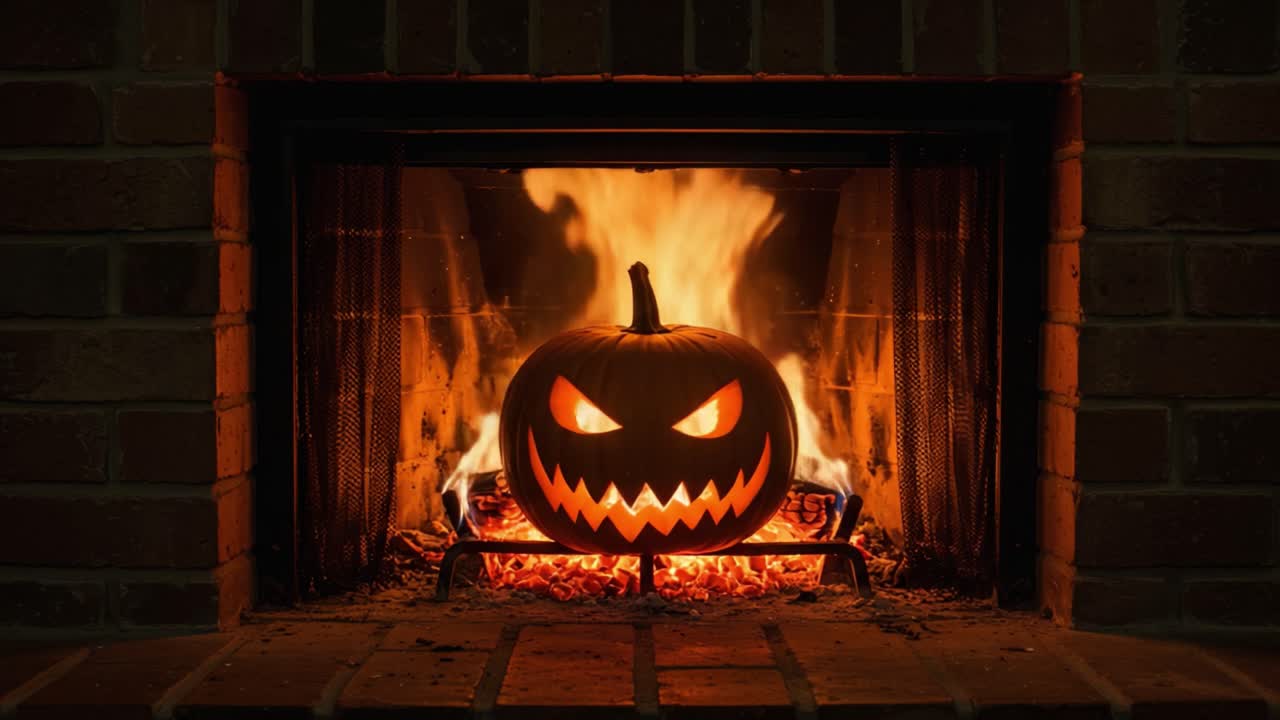 A Spooky Jack-o'-Lantern Glows in the Fireplace, Surrounded by Flickering Flames for a Perfect Halloween Atmosphere, Emanating Eerie Warmth and Charm