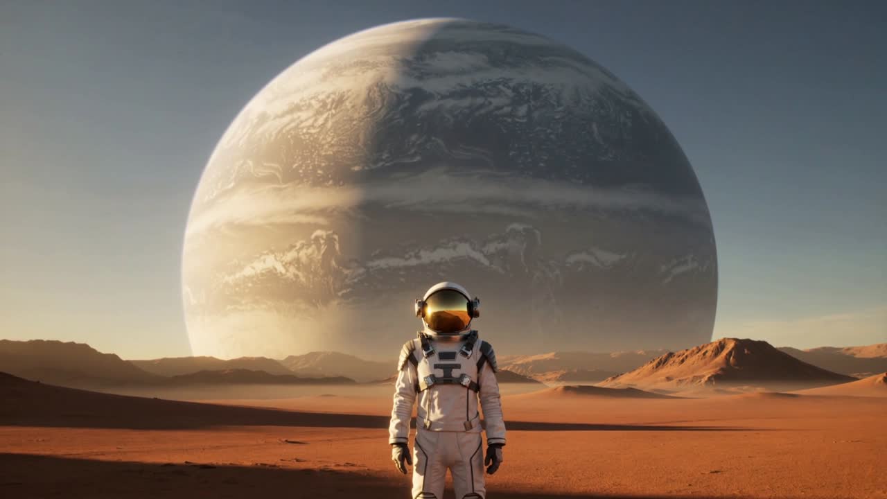 Urutan dimulai dengan astronot dalam pakaian EVA dengan pelindung wajah emas dan ransel, mengamati cakrawala raksasa gas.