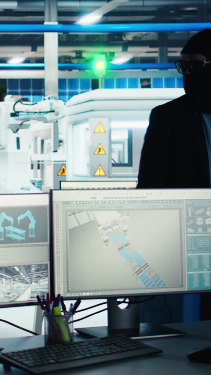 Vertical Video Masked Worker In Photovoltaics Factory Stealing Proprietary Technology Data